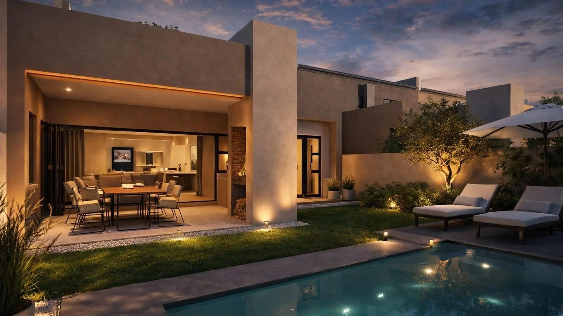 Published courtyard visualisation showing a pool and patio; optional extras excluded from the starting price