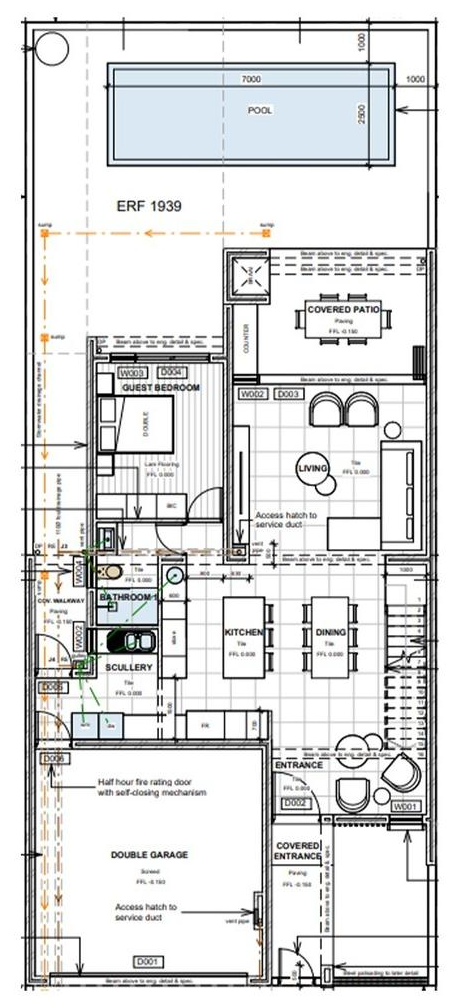 Published ground floor plan: Kitchen, scullery, dining and living areas, guest bedroom, bathroom and double garage.