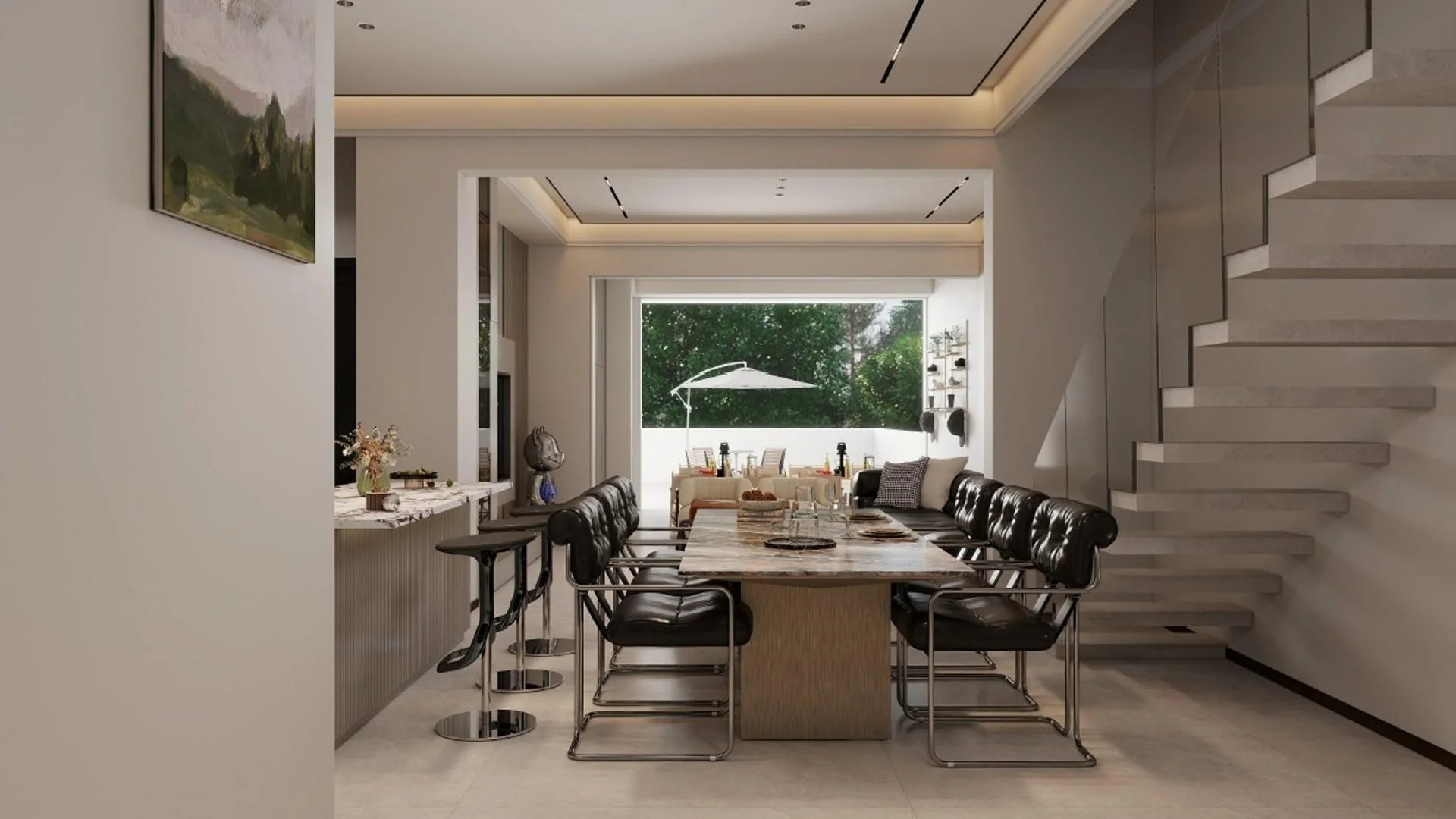 Published interior visualisation looking past the staircase into dining and living spaces