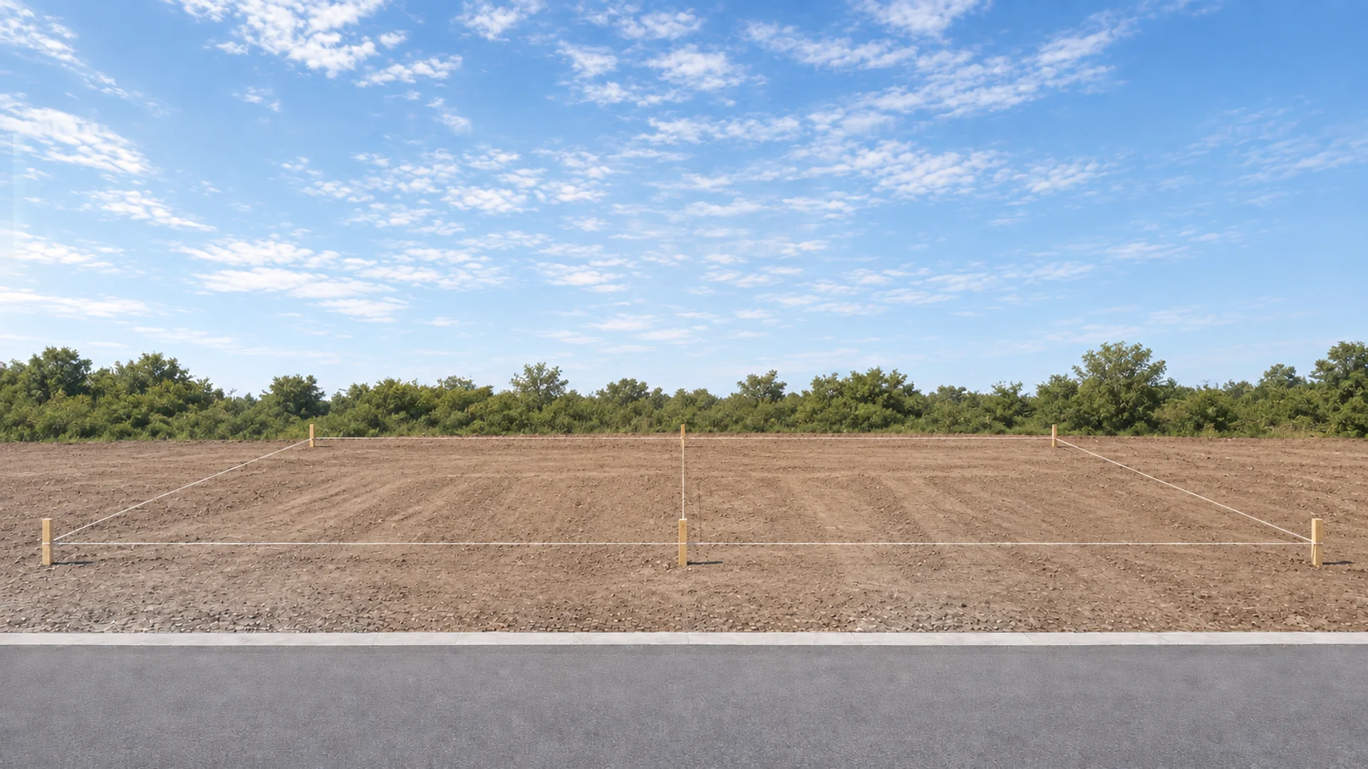 An empty, pegged-out building site under a clear sky, before construction begins