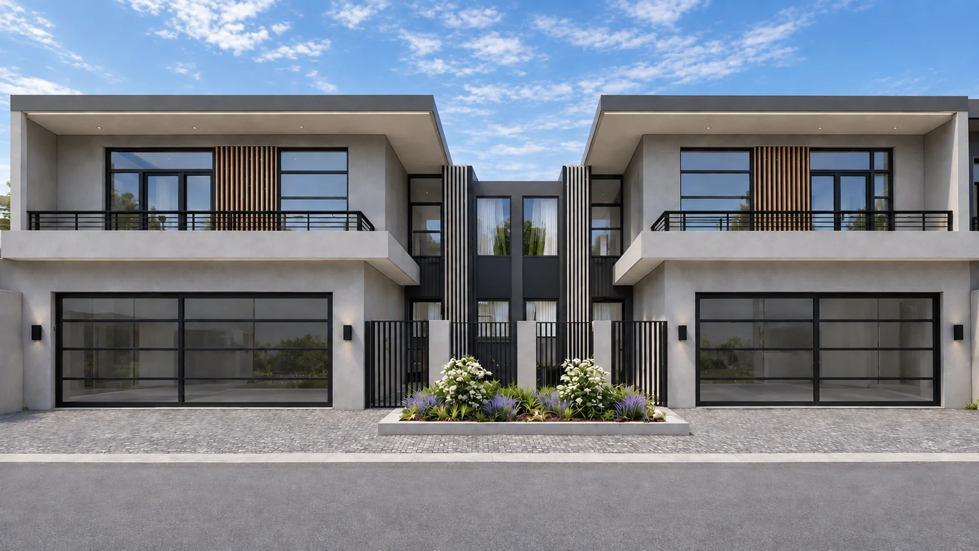 The finished Grizdale duplex: two mirrored double-storey homes with deep flat roofs, timber screens, slatted gates and a planted entrance court